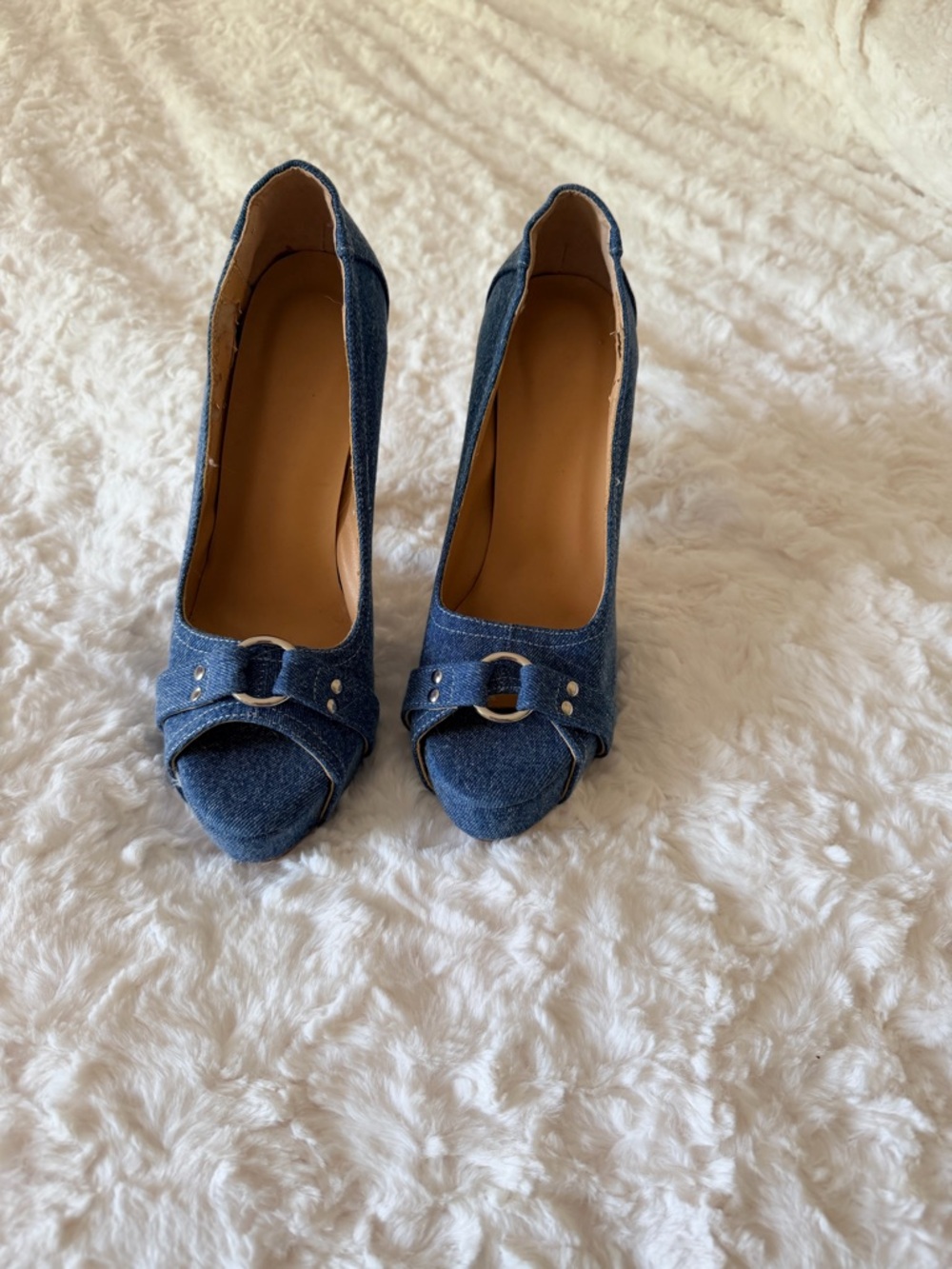 Blue Denim Peep-Toe Pumps